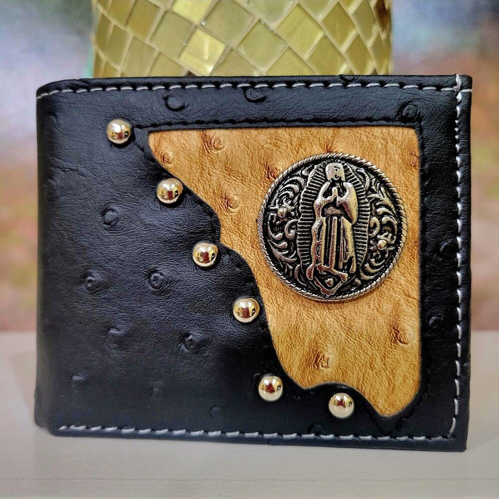Virgen De Guadalupe Wallet Western Bifold Ostrich pattern black faux leather
